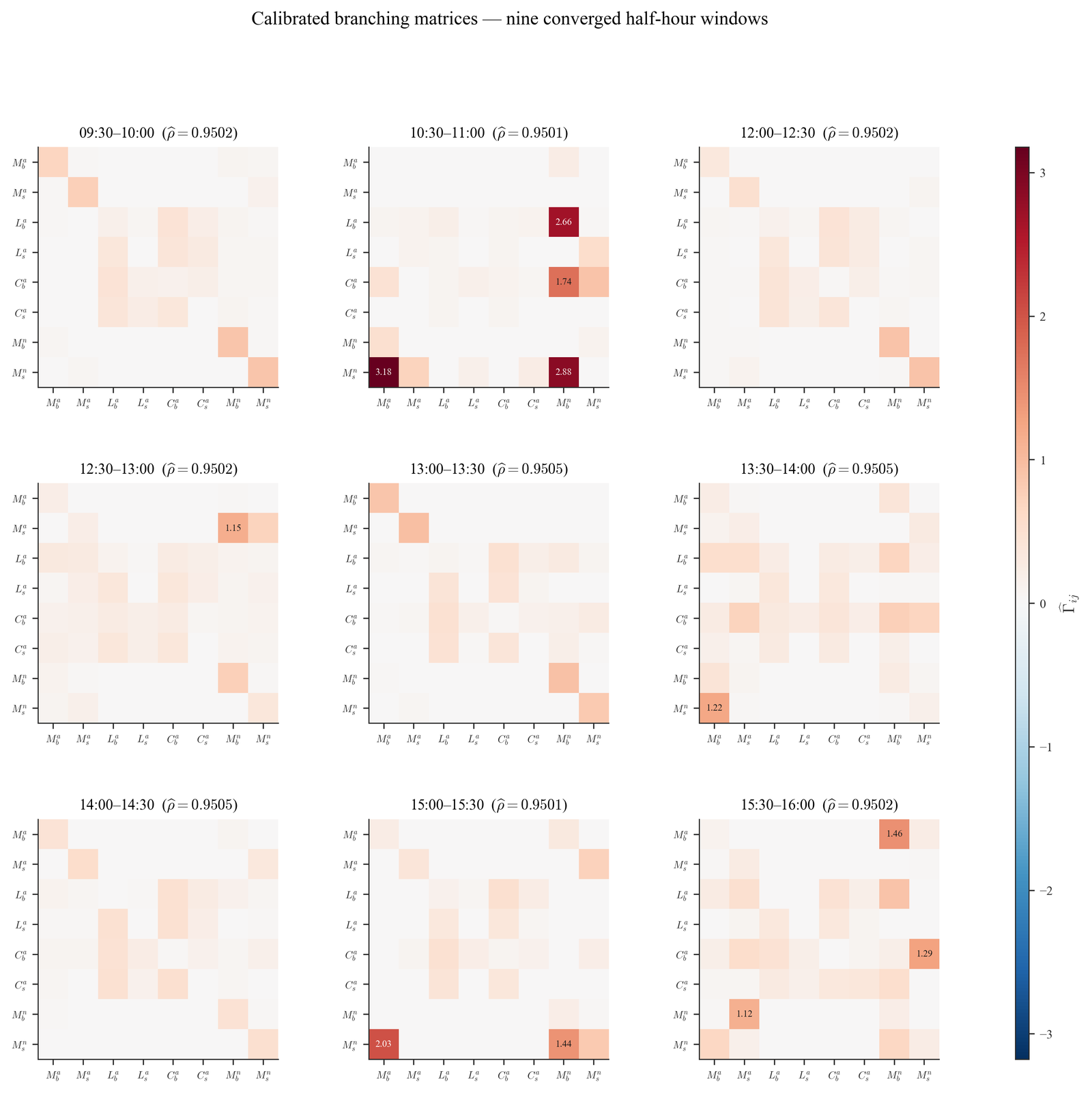 Calibrated branching matrices for the nine converged half-hour windows